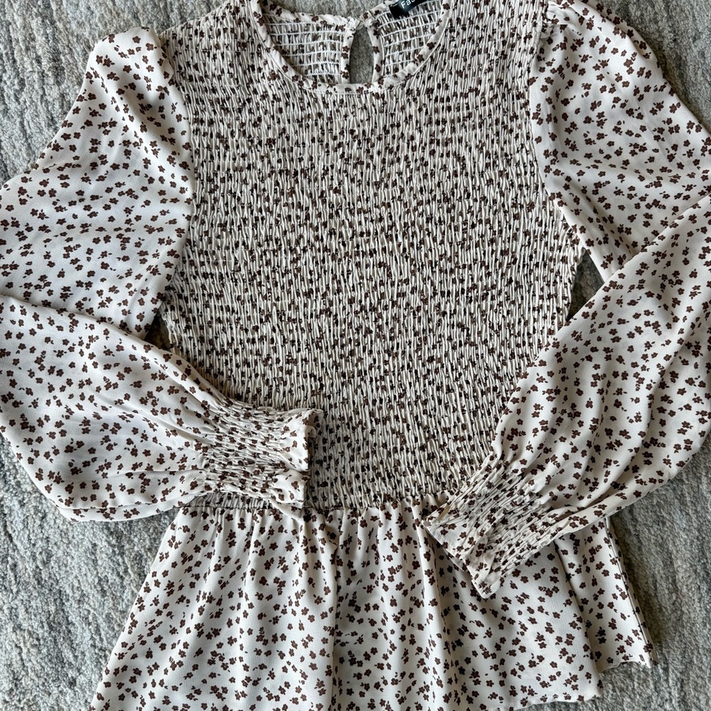 Smocked Peplum Long-Sleeve Top in Cream with Brown Floral Print